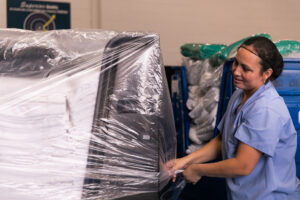 Clean healthcare linens prepped for transport.