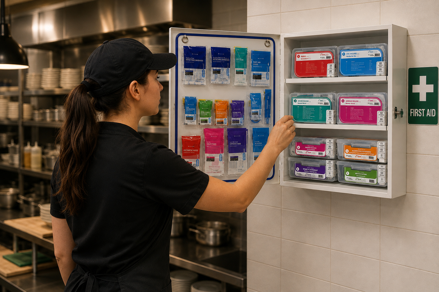 Restaurant employee accessing a professionally managed first aid cabinet