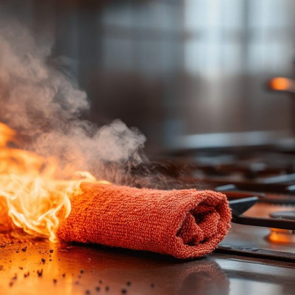 A striking image of a flaming towel on a stovetop, emphasizing the importance of fire awareness in the kitchen and the potential for danger.